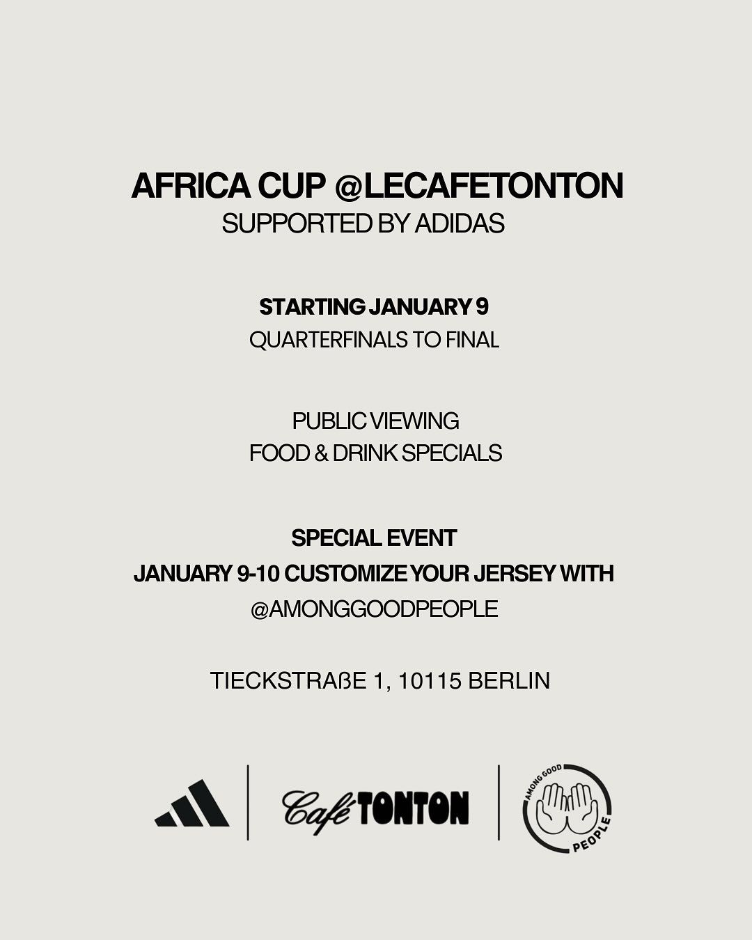Poster: Africa Cup at Café TonTon, supported by adidas, quarterfinals to final