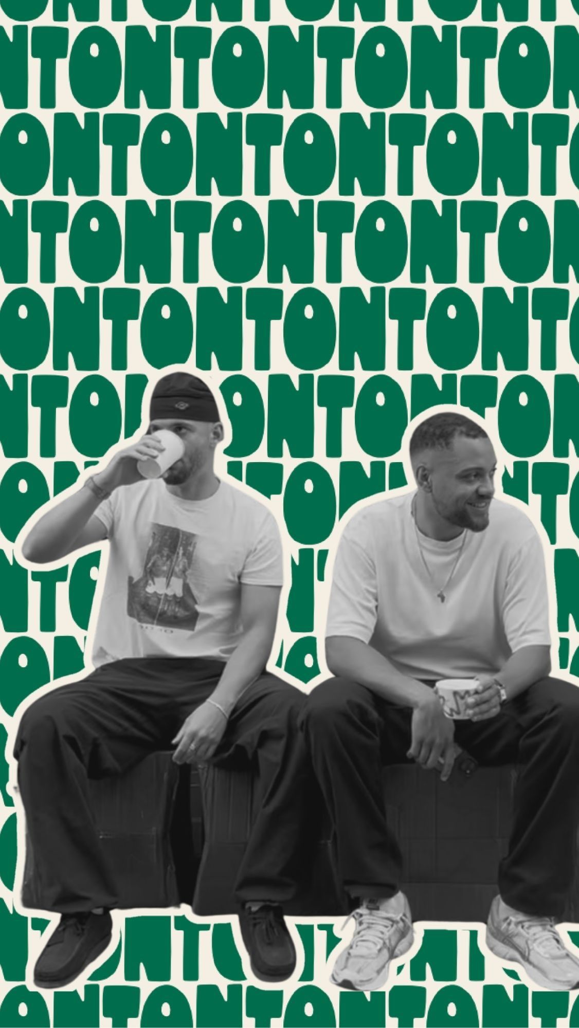 Two men with TonTon cups in front of a green wall of the word TONTON